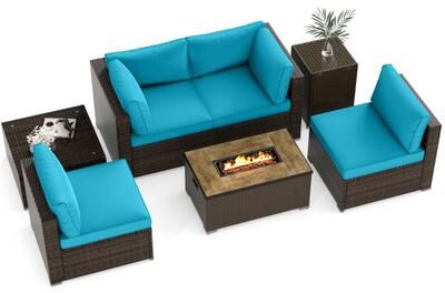 Costway 7 Pieces Outdoor Furniture Set with 32 Inch Fire Pit Table and Propane Tank Cover-Turquoise