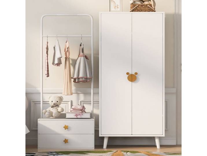 Ensemble d'armoire de chambre blanc (70 × 55 × 170 cm) modèle à 2 portes espace de rangement poignées à motifs de dessins animés