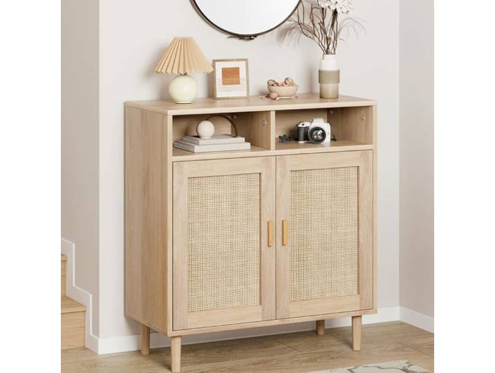 Buffet armoire de rangement moderne en rotin avec 2 portes et étagère meuble déco multifonction pour cuisine salle à manger