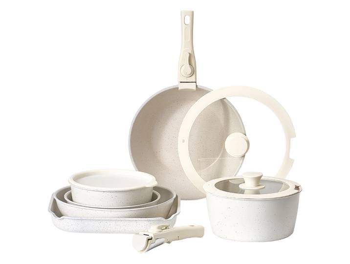 SucceBuy Ensemble de casseroles et poêles antiadhésives avec poignée amovible, ustensiles de cuisine pour camping-car, avec frire, sauce, sauter la température