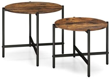 Costway Round Coffee Table Set of 2 with Heavy-Duty Metal Frame-Rustic Brown