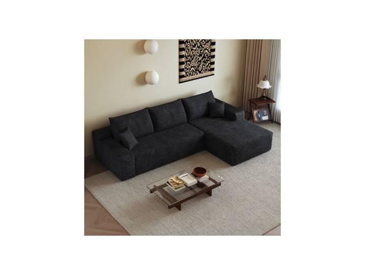 Canapé d'Angle Modulable 3 Places 270cm Canapé Sans Armature en Velours Côtelé Noir Assise Profonde Sans Montage