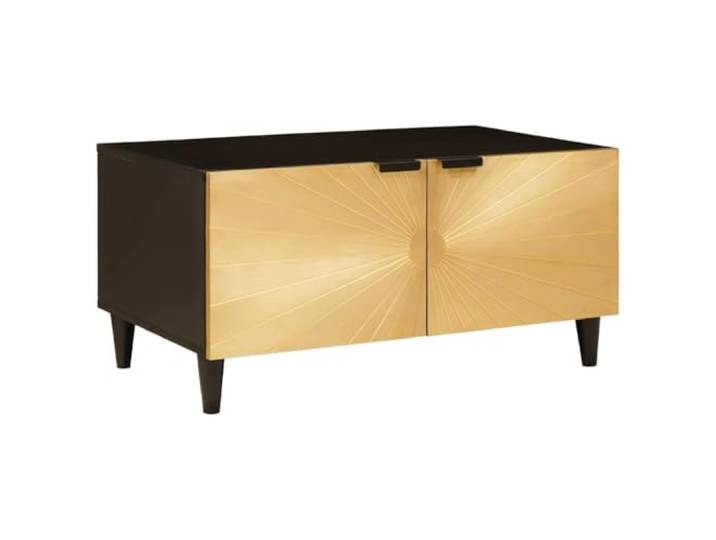 KUTYWEXFM Couchtisch Schwarz Gold 80x50x40 cm Beistelltisch mit Stauraum Kompakter Sofatisch fürs Wohnzimmer mit zwei Türen, verdecktem Fach und stabilen kegelförmigen Holzbeinen.