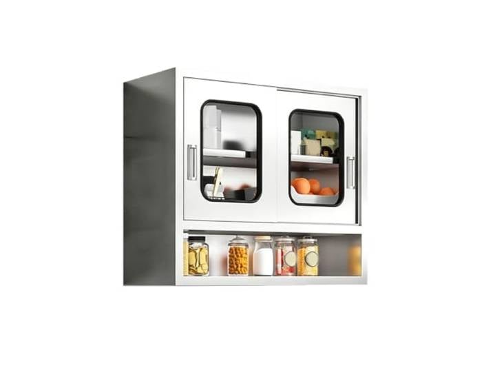 FQMYLTYN Küchen Wandschrank mit Schiebetüren, Edelstahl 304 Wandhängeschrank mit Verstellbarem Einlegeboden und Sichtfenstern, für den Privaten und Gewerblichen Gebrauch(80cm/32in)