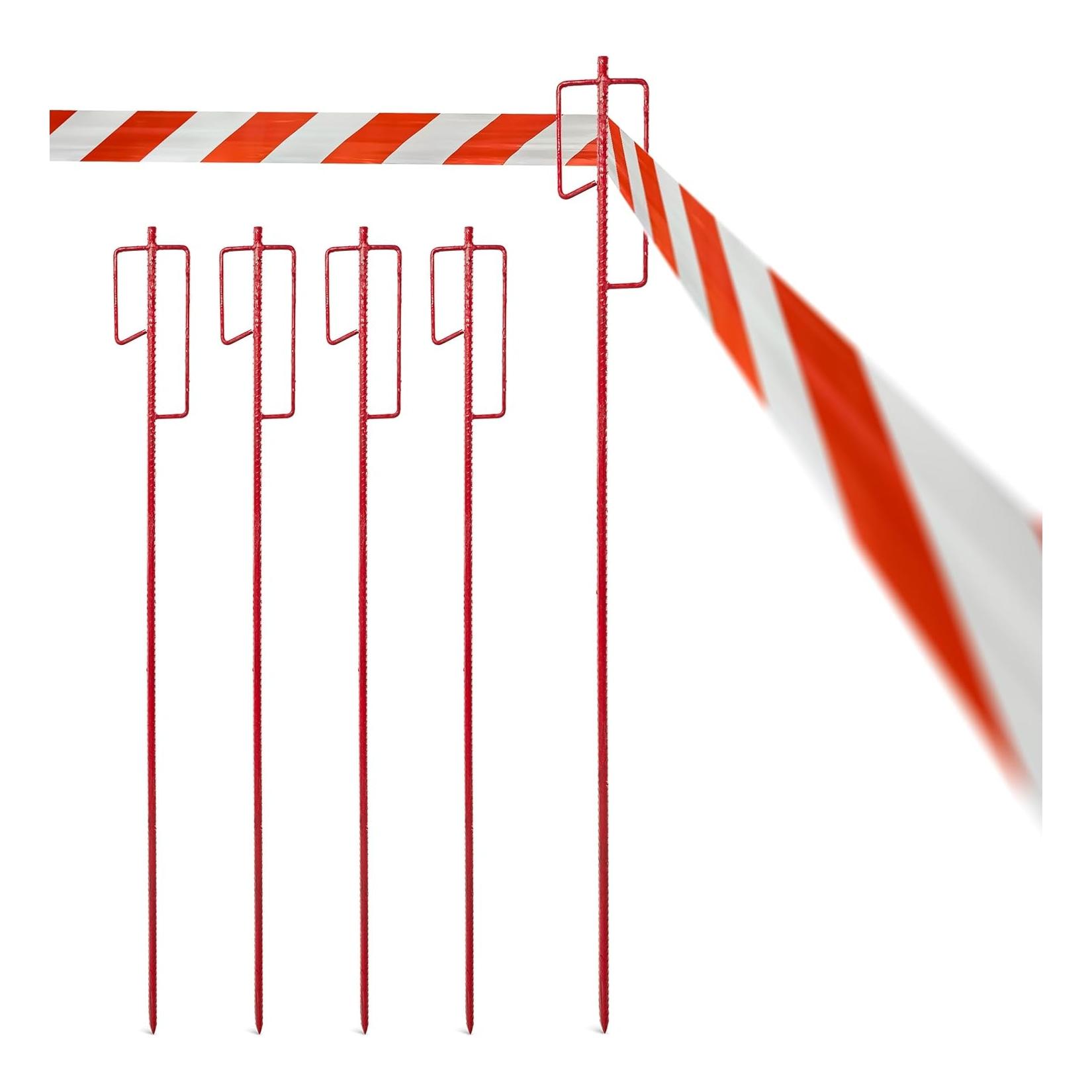 Novatool 10er-Set Absperrbandhalter Ø12 x 1100mm Rot , Metall Absperrband Absperrstangen Laternenstange Absperrleinenhalter Absperrhalter Schnureisen Schnurnagel , für Baustelle & Garten