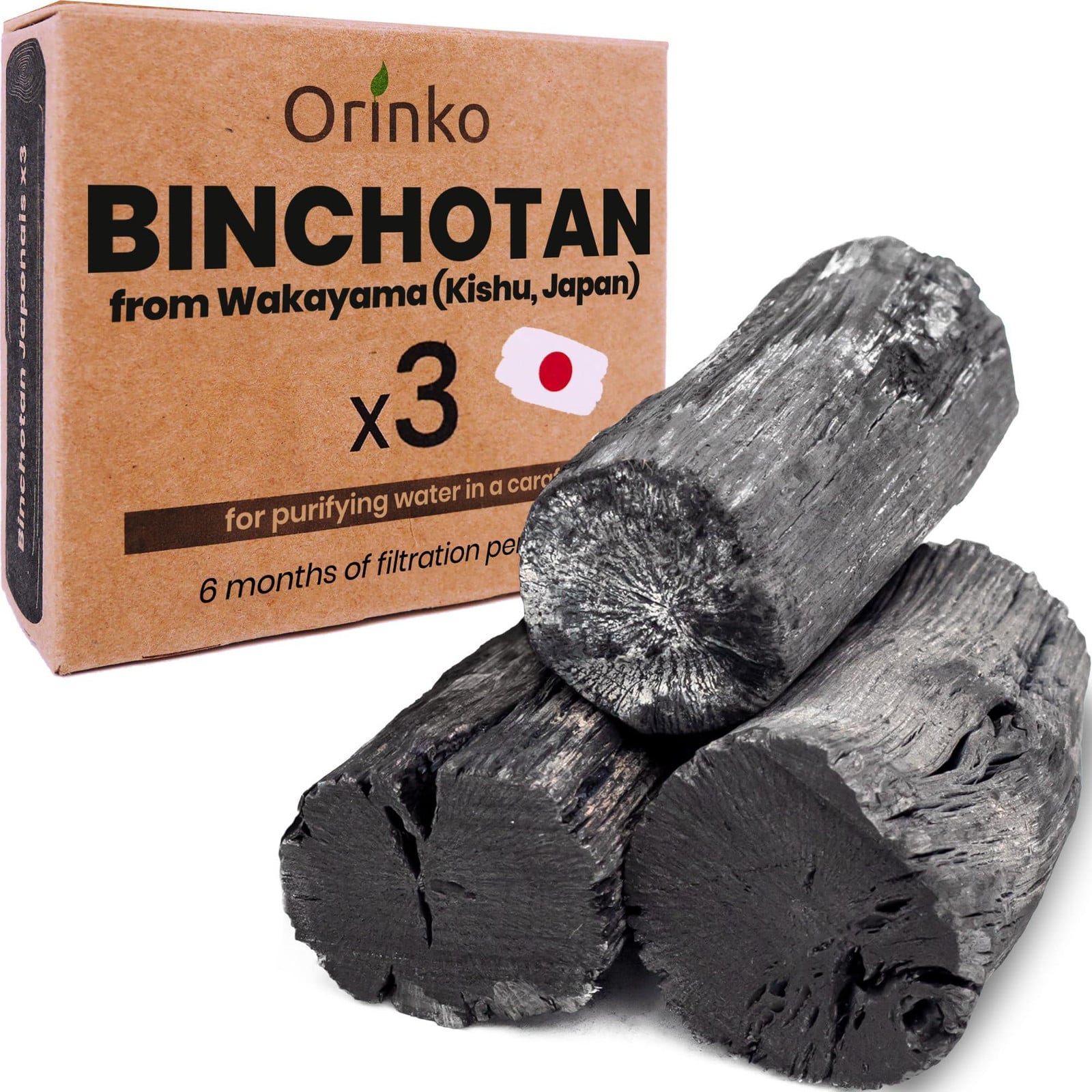 Dripio Actieve kool waterfilterstaven x3, Japanse Binchotan-kool