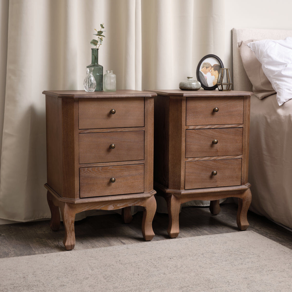 Dark Wood Dressing Table Desk with Triple Mirror, Stool and Pair of Bedside Tables - Ashwell Range Wood, Metal