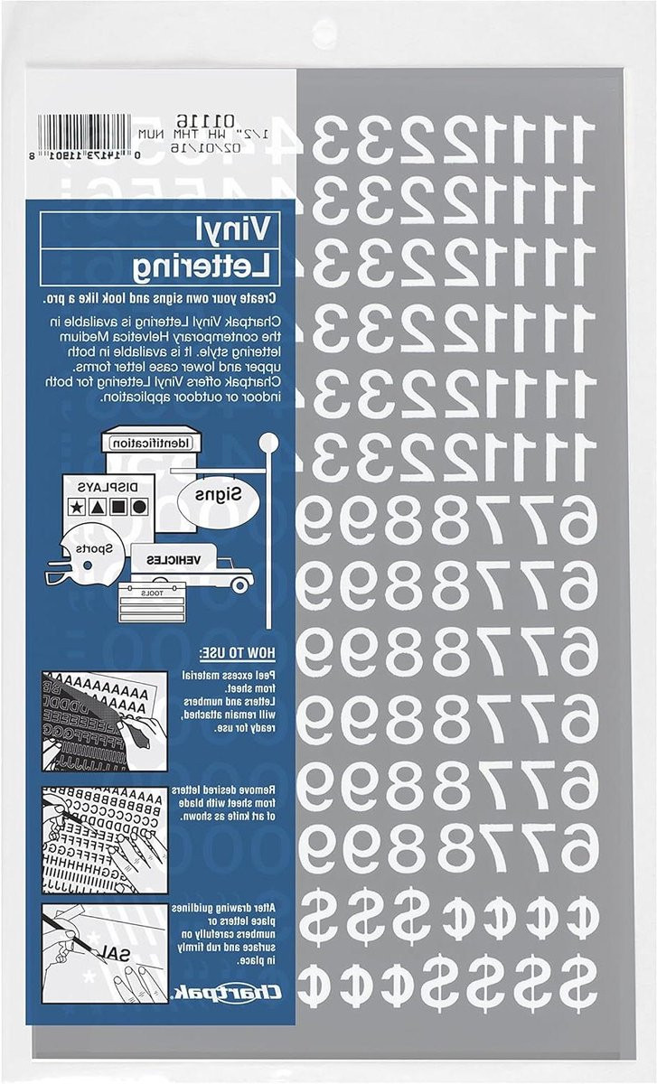 Zelfklevende witte cijferstickers van waterbestendig vinyl met een hoogte van 1,27 cm