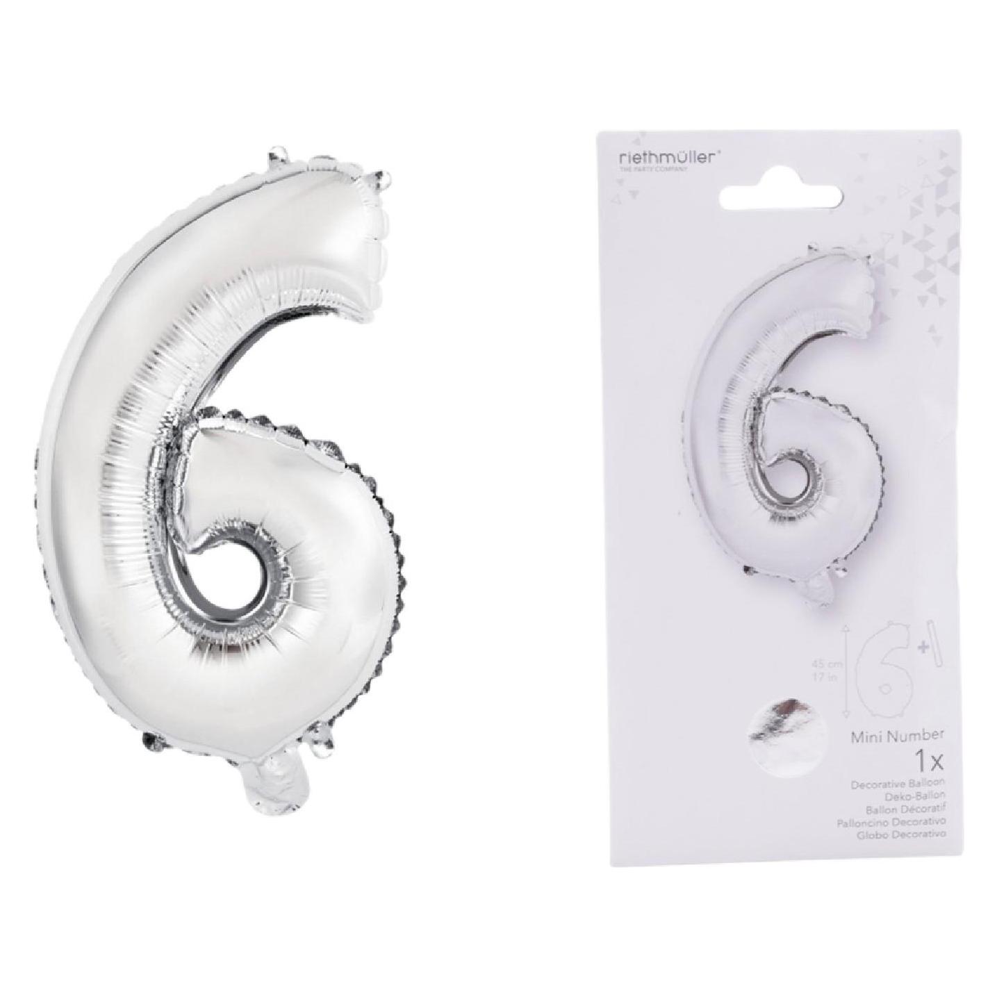 Amscan Silberfarbener Folienballon, Höhe 41cm Nummer 6 (1x) (9909674)