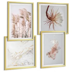 BILDER SET 4er Set - 50x50 cm & 40x60 cm Goldrahmen - Elegante Gräser, Blumen, Marmor