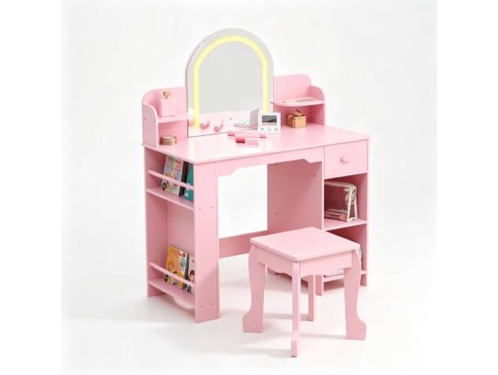 GarveeHome Kinder-Schminktisch Holz LED-Spiegel Hocker Schublade Rosa Drei Lichtmodi, Touch-Steuerung, Schublade, Offene Fächer, Sitzhocker
