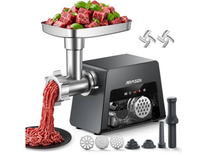 AIRMSEN Fleischwolf Elektrisch 3-in-1, Aluminium-Gussgehäuse, Wurstfüller & Kibbemacher, 2500W Max-Leistung, 3 Geschwindigkeiten, Leiser Motor für Haushalt & Hobby-Koch