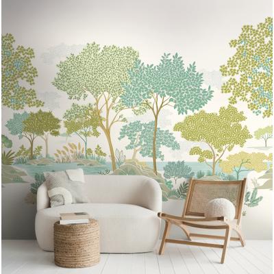 Fototapete LIVING WALLS "The Wall 4 Eyecatcher – Malerische Baumlandschaft Vlies-Fototapete", grün, B:3,71m H:0m L:2,8m, Vinyl, Vlies, Tapeten, Malerische Baumlandschaft mit atmosphärischer Tiefe