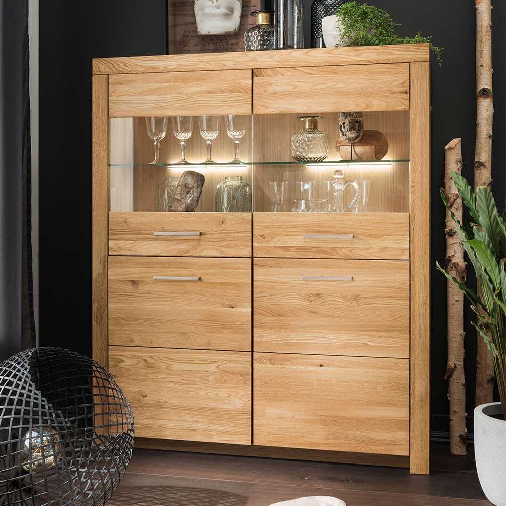 Pharao24.de Highboard Vitrine 2 Glastüren Wildeiche Massivholz