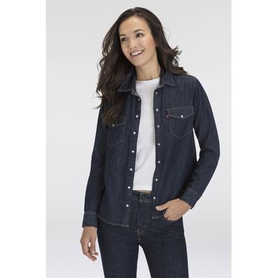 Jeansbluse LEVI'S "ESSENTIAL WESTERN", Damen, Gr. S (36), blau (today's news), Denim/Jeans, Obermaterial: 91% Baumwolle, 9% Leinen, Basic, figurbetont hüftbedeckend, eckige 1-Knopf-Manschette mit Schlitz, Blusen Jeansbluse, mit Brusttaschen mit...