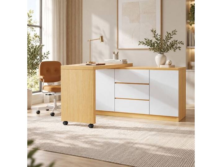 Bureau pivotant 360° blanc et chêne 120x50 cm bureau d'angle pliable avec roulettes frein 2 portes 3 tiroirs et rangement