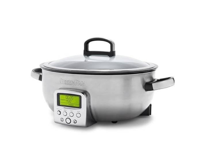 GreenPan Elite Wesentlich Schlau Elektrisch 5.6L Bratentopf,Einfache Brat- Sautier- Rühr- und Reiskocher-Vorwahlen,PFAS-freie Gesunde Keramik-Antihaft,Spülmaschinenfeste Teile,LED-Anzeige,Edelstahl