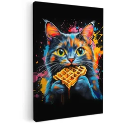 LEINWANDBILD Katze - Graffiti - Bunt - Waffel - Essen Deko XXL 80x120 cm