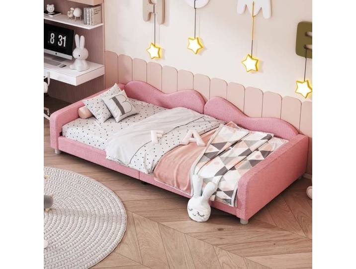 ModernLuxe Lit enfant 90x200 cm lit simple canapé lit sommier à lattes tissu en peluche rose