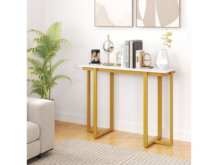 DREAMADE Table Console Table d'Entrée Moderne avec Cadre en Métal Plateau Spacieux avec Aspect Marbre Table d'Appoint Doré&Blanc