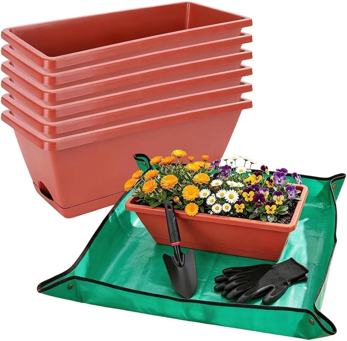 Set van 7 grijze vensterbank bloembakken met schotels, 42 cm