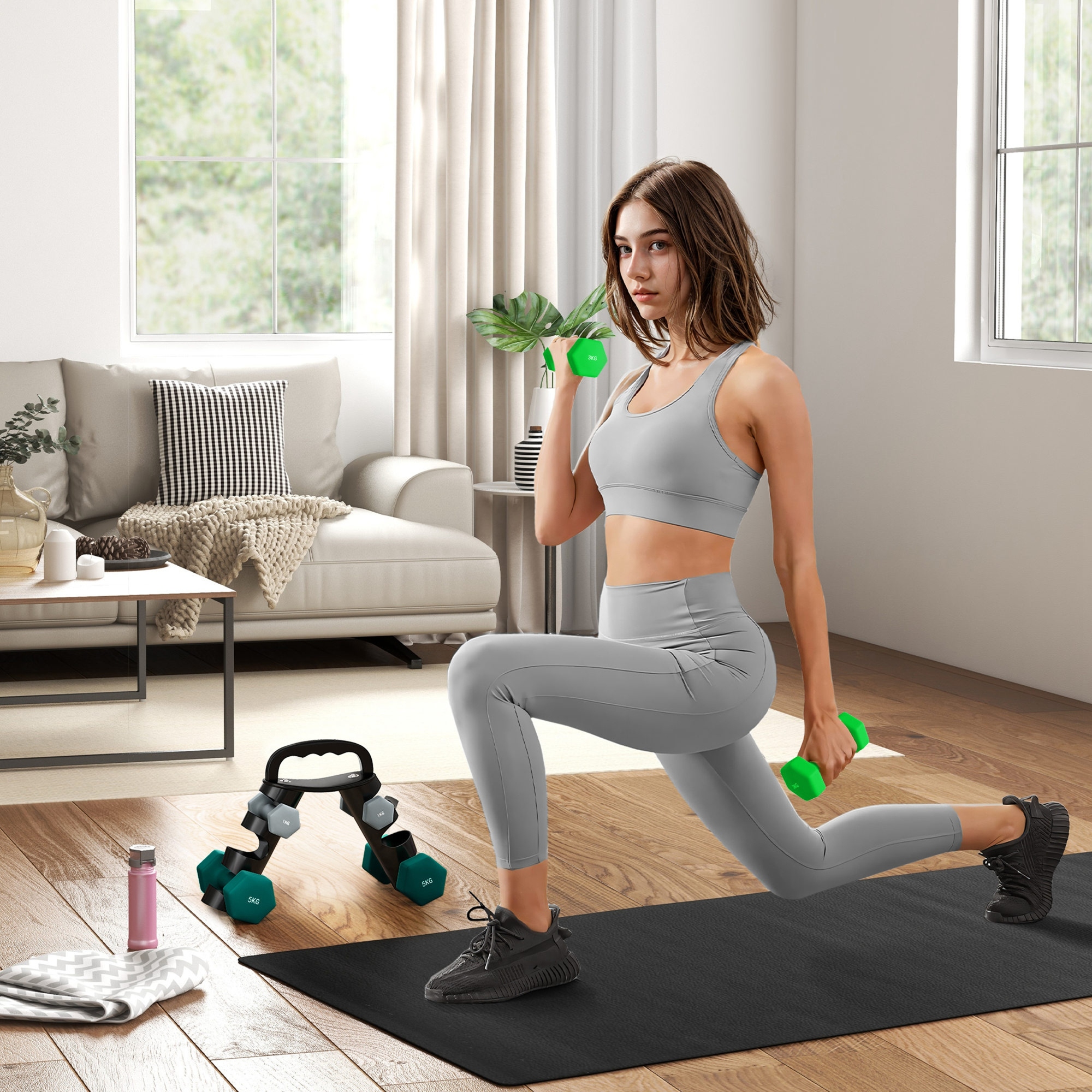 Sportnow Set Manubri con Supporto, 3 Coppie di Pesi da 2 x 1 kg, 2 x 3 kg, 2 x 5 kg, Multicolore   Aosom Italy