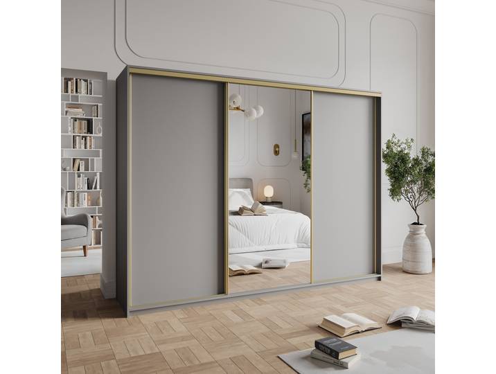 Masseno Schiebetürenschrank TAVI 250/205/60cm 3-türig mit Spiegel Graphitfarben