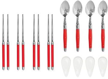 French Home Red Chopsticks, Laguiole Spoons and Ceramic Rests, Set of 4 Pairs