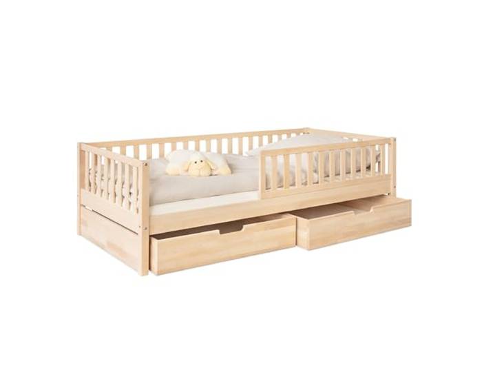 Ehrenkind® Kinderbett Buche Livo FSC Zertifiziert Kinderbett mit Rausfallschutz Massivholz inkl. Lattenrost 90x200 cm Natur mit Doppelschublade Bett 90x200 Inkl. Rausfallschutz
