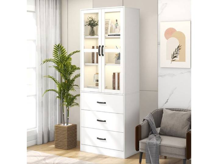 Luscriate - Vitrine 60x40x200 cm avec 2 portes vitrées 3 tiroirs 2 étagères réglables LED - Blanc