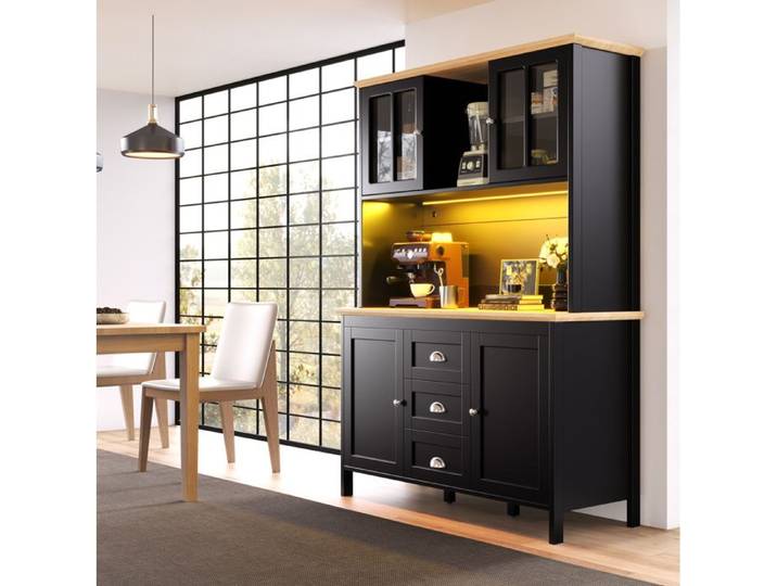 COVREO Buffet de cuisine haut 120x40x179 cm 4 portes 3 tiroirs LED USB MDF métal noir