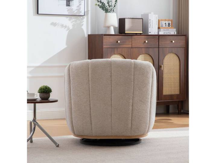 Fauteuil club pivotant 360° AESVAR en chenille beige avec base ronde en métal