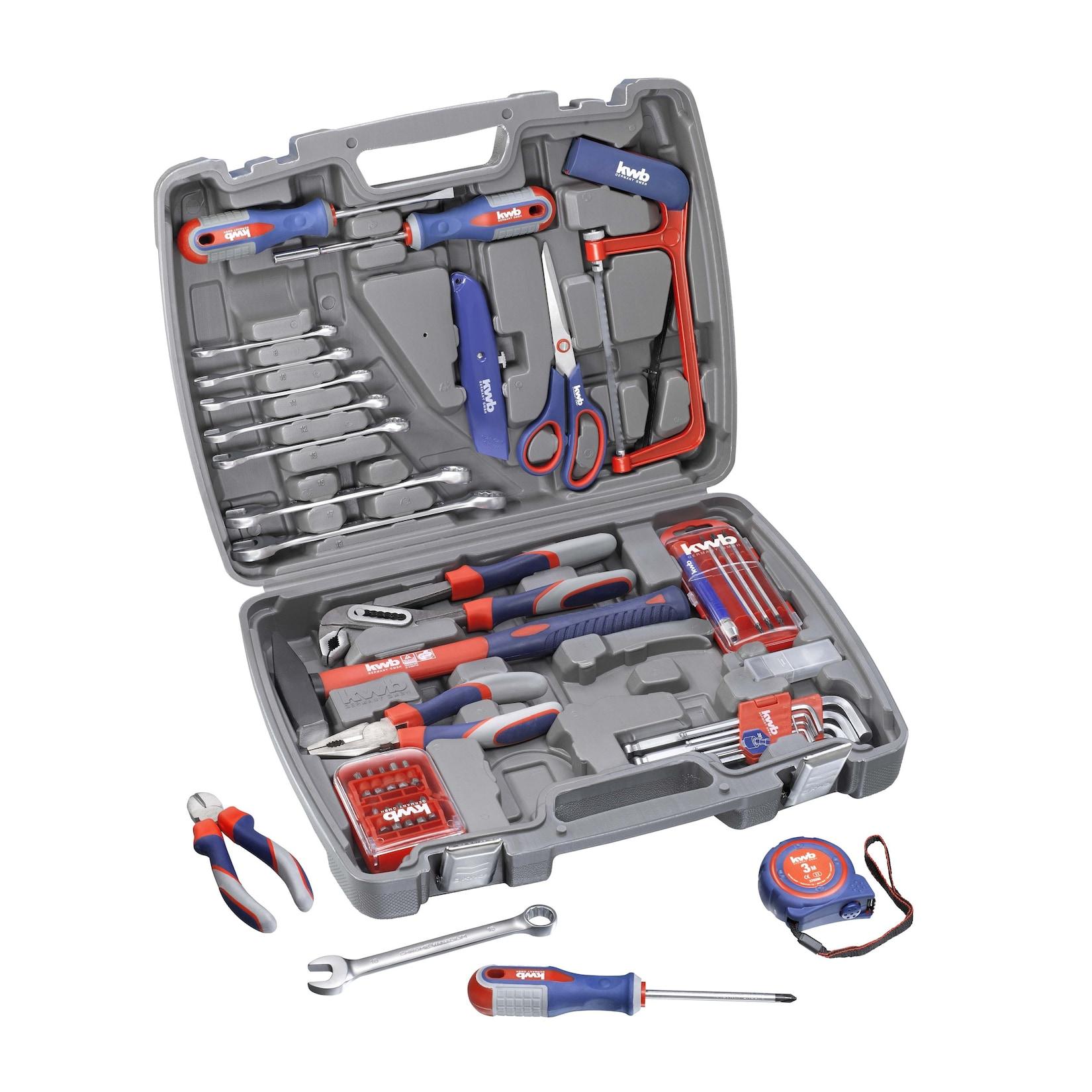 kwb Werkzeug-Koffer inkl. Werkzeug-Set, 65-teilig, gefüllt, robust und hochwertig, ideal für,den Haushalt oder oder die Garage, im praktischen Kunststoffkoffer, Mehrfarbig