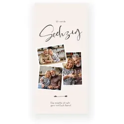 Einladungskarte 60. Geburtstag: Beige Polaroid mit Fotos in Creme