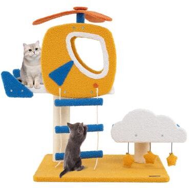Costway Indoor Small Aviation-themed Cat Tree Cat Tower with Helicopter Top Perch-Yellow