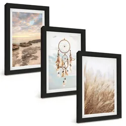 BILDER SET 3er Set - 20x30 cm Schwarzer Rahmen - Wolkenmeer, Traumfänger, Gras