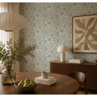 Vliestapete LIVING WALLS "Cosiness Blätterranken – Vorgeleimte florale Vliestapete", grün (blau), B:0,53m H:0m L:10,05m, Vinyl, Vlies, Tapeten, Filigrane Blätterranken in einer ruhigen, natürlichen Gestaltung