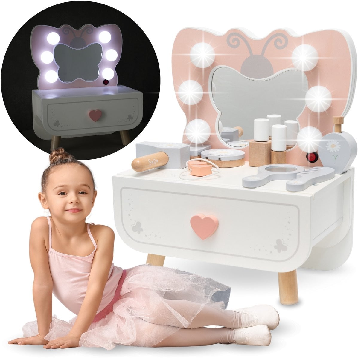 Mamabrum Houten Mini Kaptafel met LED-Verlichting Vlinder en Accessoires voor Kinderen