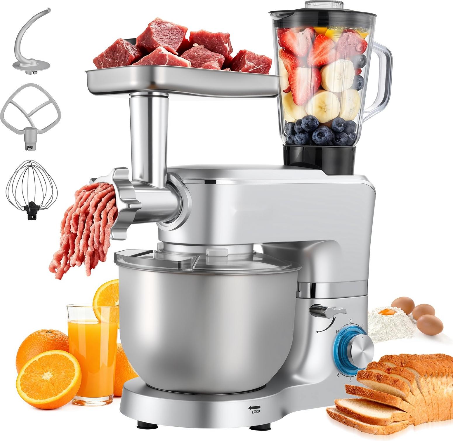 Küchenmaschine - Multifunktionale Teigknetmaschine - Leistung 1500 W - Edelstahlschüssel 6 L - Mixbecher 1,5 L - Geschwindigkeiten 6+P - Knethaken, Schneebesen, Rührbesen