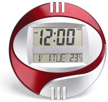 Inspired Deals Modern Silent Digital Wall Clock With Large LCD Display, Temperature Monitor & Snooze Alarm red