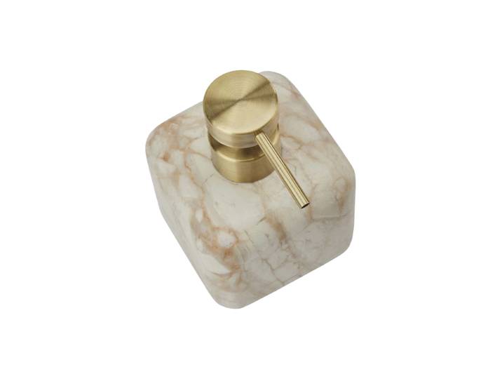 Handgefertigter, luxuriöser Seifenspender „Blake“ aus Marmor Beige marmoriert, Gold Aquanova