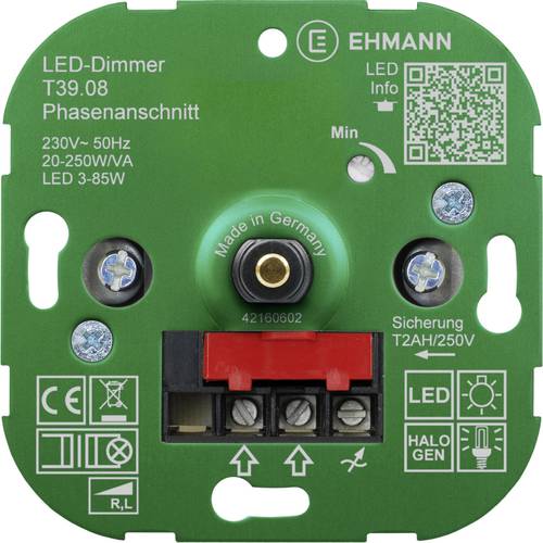 Ehmann 3900x0800 Unterputz Dimmer Geeignet für Leuchtmittel: LED-Lampe, Energiesparlampe, Halogenlampe, Glühlampe