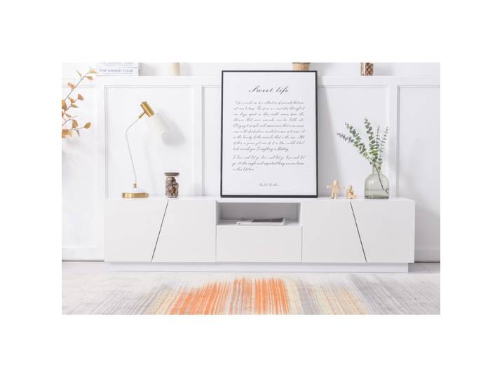 Meuble TV Banc TV 4 Portes - MDF Blanc Brillant - Design Moderne - 80 kg