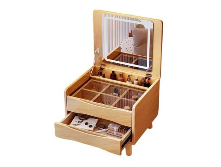 Dalumian Schminktisch aus Holz für Erkerfenster, Schminktisch Klappbarer 3-Farben-Spiegel, Schminkstation mit Schublade und Arbeitsplatte aus Sicherheitsglas für Frauen(C,60*40*43.2cm)