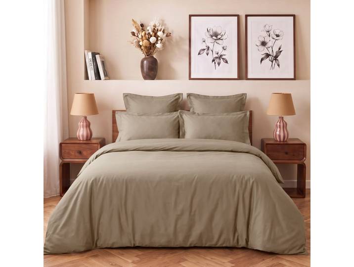 Parure de lit satin coton + 2 taies carrées taupe 200x200 cm