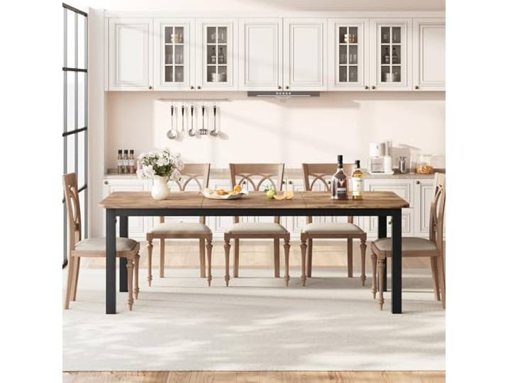 IDEALHOUSE Rechteckiger Esstisch 2m Für 6Personen, Stabiles Metallgestell Industrie‑Stil mit rustikaler Holz‑Tischplatte, Lieferung nur Tisch, geeignet für Küche‑ und Esszimmerbereiche.