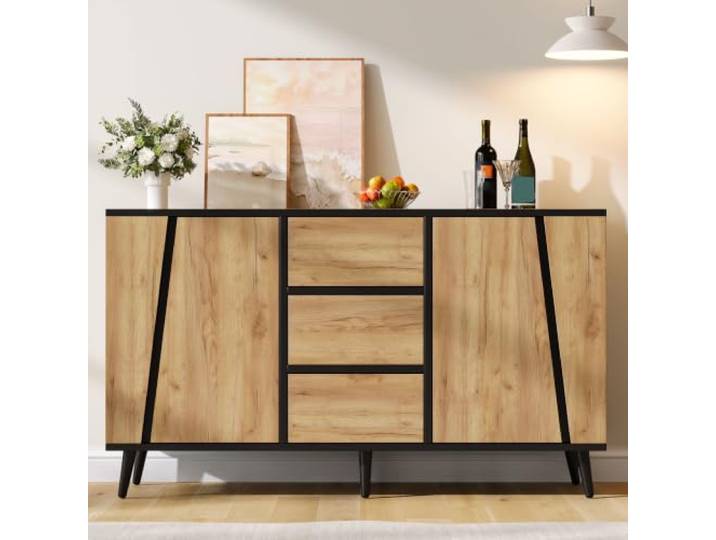 Sideboard 2 Türen 3 Schubladen,Küchenschrank 120×40×70cm Naturholz+Schwarz Moderner Aufbewahrungsschrank für Wohnzimmer Küche Arbeitszimmer – viel Stauraum, ideal als Kaffeebar oder Bartheke