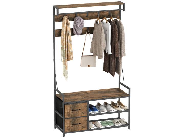 HOMCOM Porte-chaussures avec étagère à chaussures double, 10 crochets réglables, 2 tiroirs et barre de suspension, 100x40x180 cm, Marron Rustique