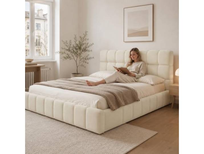 Bubble Bett 140x200 cm,Polsterbett 140x200 mit Lattenrost,Leinen Beige Cloud Bett,Bis 250KG,Jugendbett 140x200 mit Rückenlehne Kopfteil,Wolkenbett Bettgestell, Marshmallow Bed,Ohne Matratze