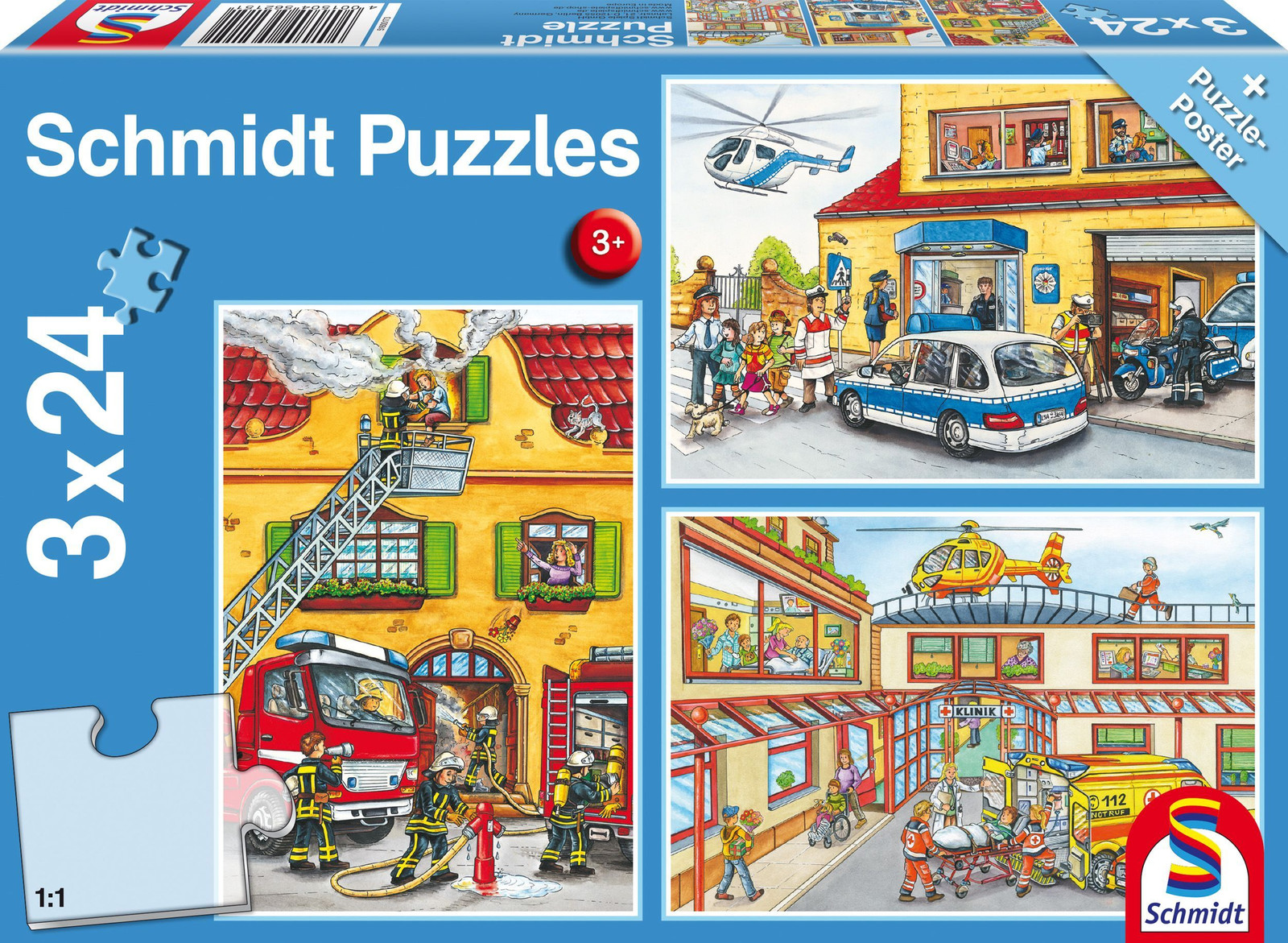 Schmidt Spiele 3 x 24-delig puzzel set thema brandweer en politie voor kinderen